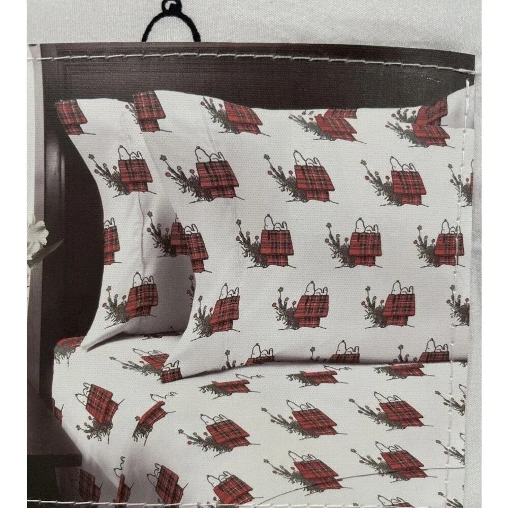 Snoopy PLAID Doghouse QUEEN Sheet Set Berkshire Sheets CHRISTMAS Peanuts New